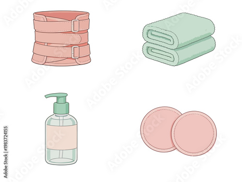 Illustration of Traditional Japanese New Year Symbols including towel, hand sanitizer, and cotton pads