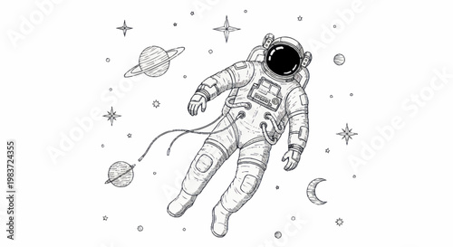 Astronaut Floating in Space with Planets and Stars Illustration.