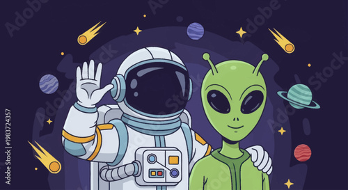 Astronaut and Alien Friends in Outer Space Adventure.