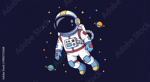 Astronaut floating in space with planets and stars.