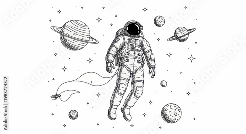 Astronaut floating in space with planets and stars surrounding.
