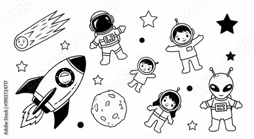 Tableau sur toile Charming hand drawn space exploration elements and cosmic characters