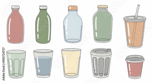 Collection of assorted beverage containers and glasses in a simple illustration style.