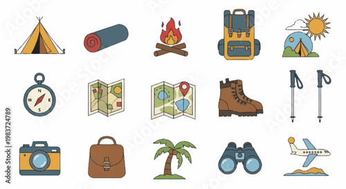 Collection of camping and travel essentials in a doodle style.