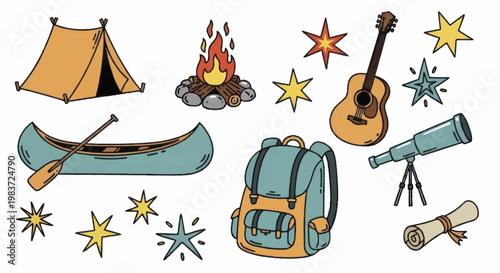 Collection of camping and outdoor adventure gear illustrations.