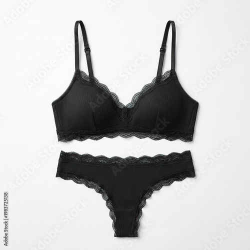 Black Lace Lingerie Set Featuring Bralette and Panty on White Background
