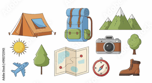 Collection of hand-drawn camping and travel essentials for outdoor adventures.