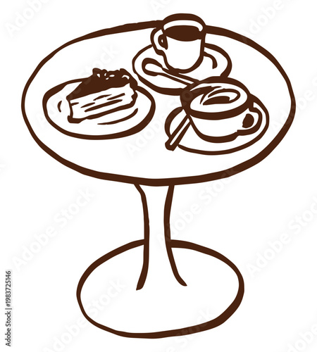 Hand drawn cafe table scene in brown line art. Simple vintage style vector illustration. Coffee cups, spoons and cake slice on a small round table.
