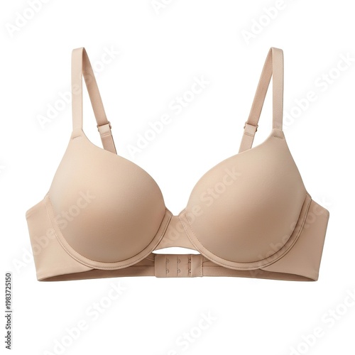 Beige Underwire Bra with Adjustable Straps and Hook Closure on White Background