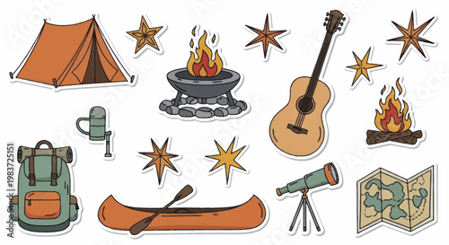Collection of Hand-Drawn Camping and Outdoor Adventure Stickers.