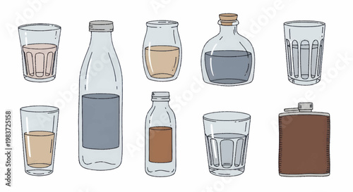 Collection of Hand-Drawn Bottles and Glasses with Various Liquids.