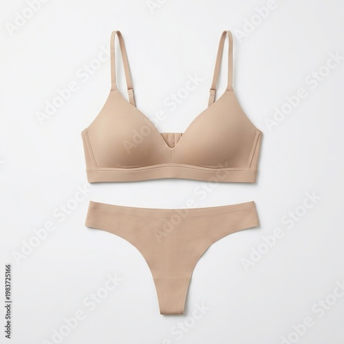 Beige Women's Lingerie Set Bra and Panties in Minimalist Style on White Background