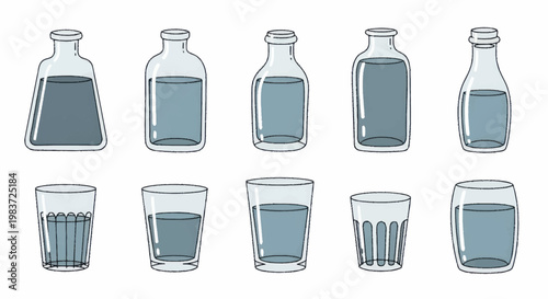 Collection of Hand-Drawn Water Bottles and Glasses with Blue Liquid.