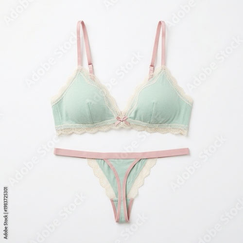 Light Green Lace Trim Bra and Panty Set with Pink Straps and Bow for Women