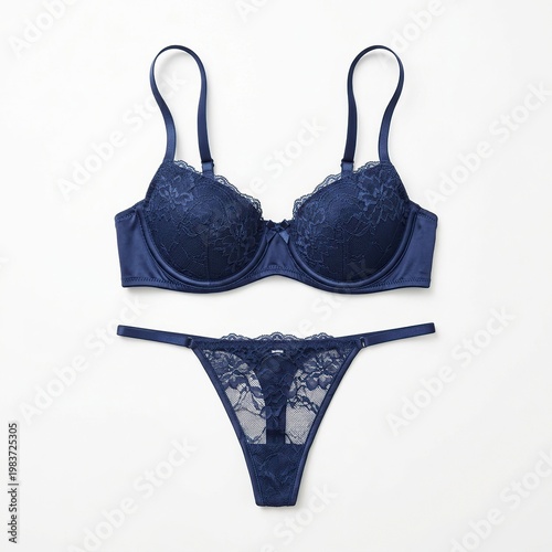 Elegant Navy Blue Lace Bra and Panty Set on White Background