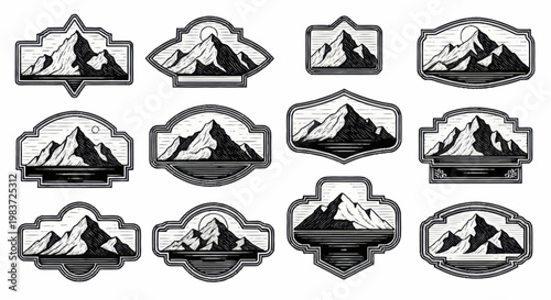 Collection of mountain peak emblems and badges for outdoor adventure.