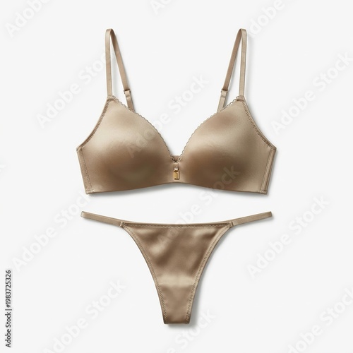 Beige Satin Bra and Thong Set Elegant Lingerie on White Background