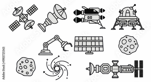 Collection of Space Exploration and Astronomical Objects Line Art.