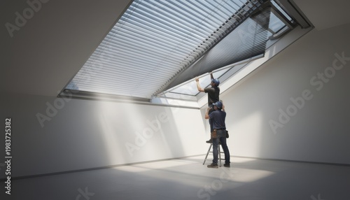 Medium shot showing the installation of movable metal louvers on a skylight cover demonstrating dynamic sun control and natural light optimization through innovative automated
