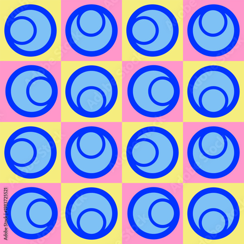 Vintage print illustration graphic pattern of blue circles on a pink and yellow checkered seamless background.