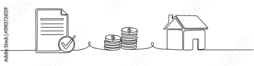 Mortgage home purchase concept with documents coins and house line icon