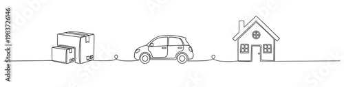 Moving to new home concept with boxes car and house line icon