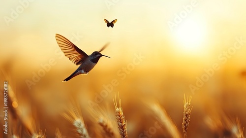 Hummingbird's Golden Flight: A Butterfly Encounter in a Wheat Field at Sunset