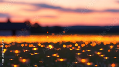 Luminous Dance of Fireflies Creating a River of Golden Bokeh at Sunset