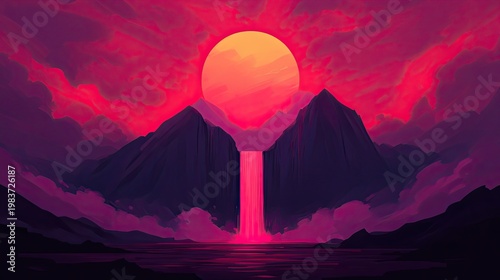 Crimson Cascade Between Twin Peaks Under a Luminous Sun