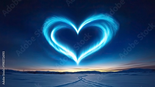 Celestial Heart: Aurora Borealis Forms a Heart Shape over a Snowy Landscape at Twilight