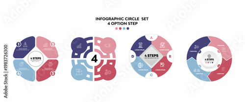 Circle infographic 4 step option set vector, for business presentation or communication. Venn diagram 4 option set. Vector editable