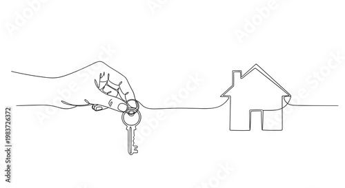 Home purchase concept with hand giving house keys real estate line icon