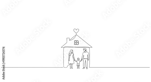 Family home ownership concept with parents and child in house line icon