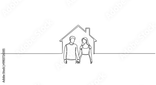 Young couple buying home standing in house real estate line icon