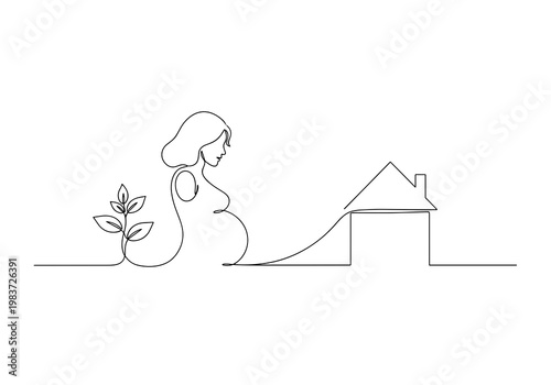 Pregnancy and future home concept with expecting mother and house line icon