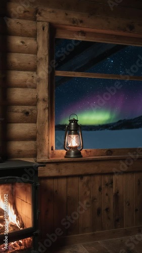 Cozy cabin interior with aurora borealis view