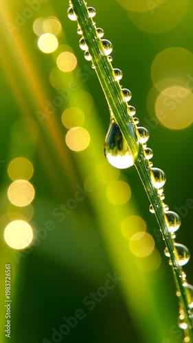 Dewy grass blades with water droplets in morning light