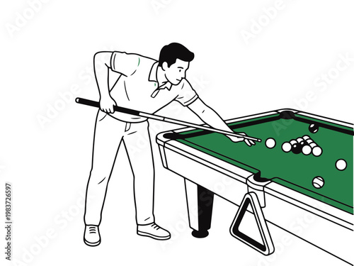 A clean line art vector illustration of a man playing billiards, leaning over a green pool table to aim his shot. Ideal for sports and leisure content.