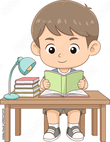 Cute boy studying at desk reading book for education illustration