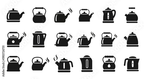 Black kettle icons, vector tea pot symbols, kitchen utensil graphics, 20 steam pot illustrations
