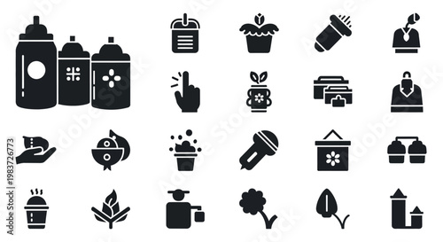 Eco friendly icons, sustainable living symbols, green lifestyle graphics, 20 black silhouette illustrations
