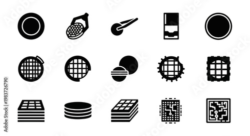 Geometric shapes, icons, black and white, 16 symbols, vector graphics, abstract elements, design components