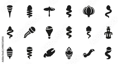 Black microphone icons, sound wave symbols, audio equipment signs, vector illustration set