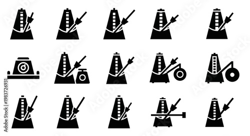 Traffic cone icons, roadblock symbols, construction signs, warning markers, 16 black vector graphics