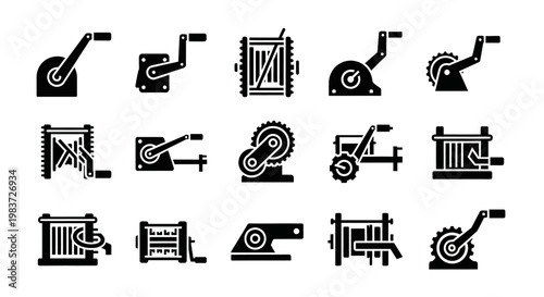 Gym equipment icons, fitness symbols, workout signs, exercise machines, black vector graphics