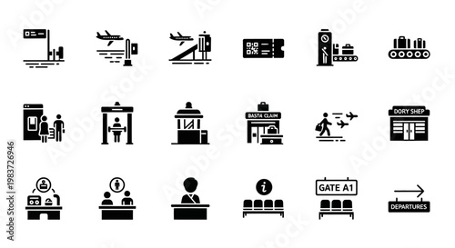 Airport icons, travel symbols, airport signs, transportation graphics, 20 black vector icons