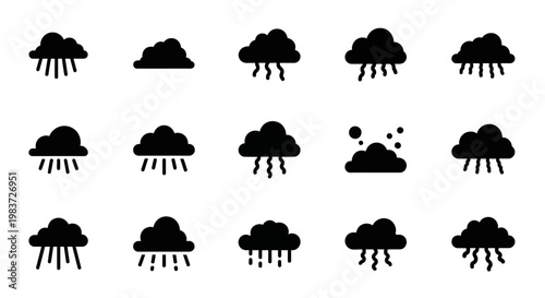 Black rain cloud icons, weather symbols, stormy weather graphics, rain shower illustrations, vector set