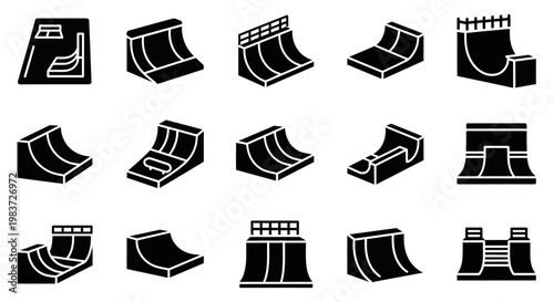 Black skate park ramp icons, skateboard ramp graphics, vector skateboarding elements, 13 icon set
