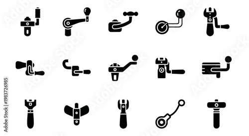 Black plumbing tools, pipe wrench icons, plumbing equipment set, 16 tool symbols