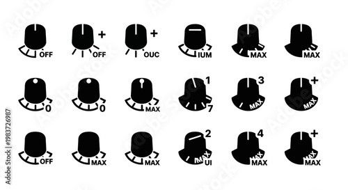 Vector audio mixer controls, sound equalizer icons, 20 black and white volume dials, sound mixer knobs, audio equipment symbols